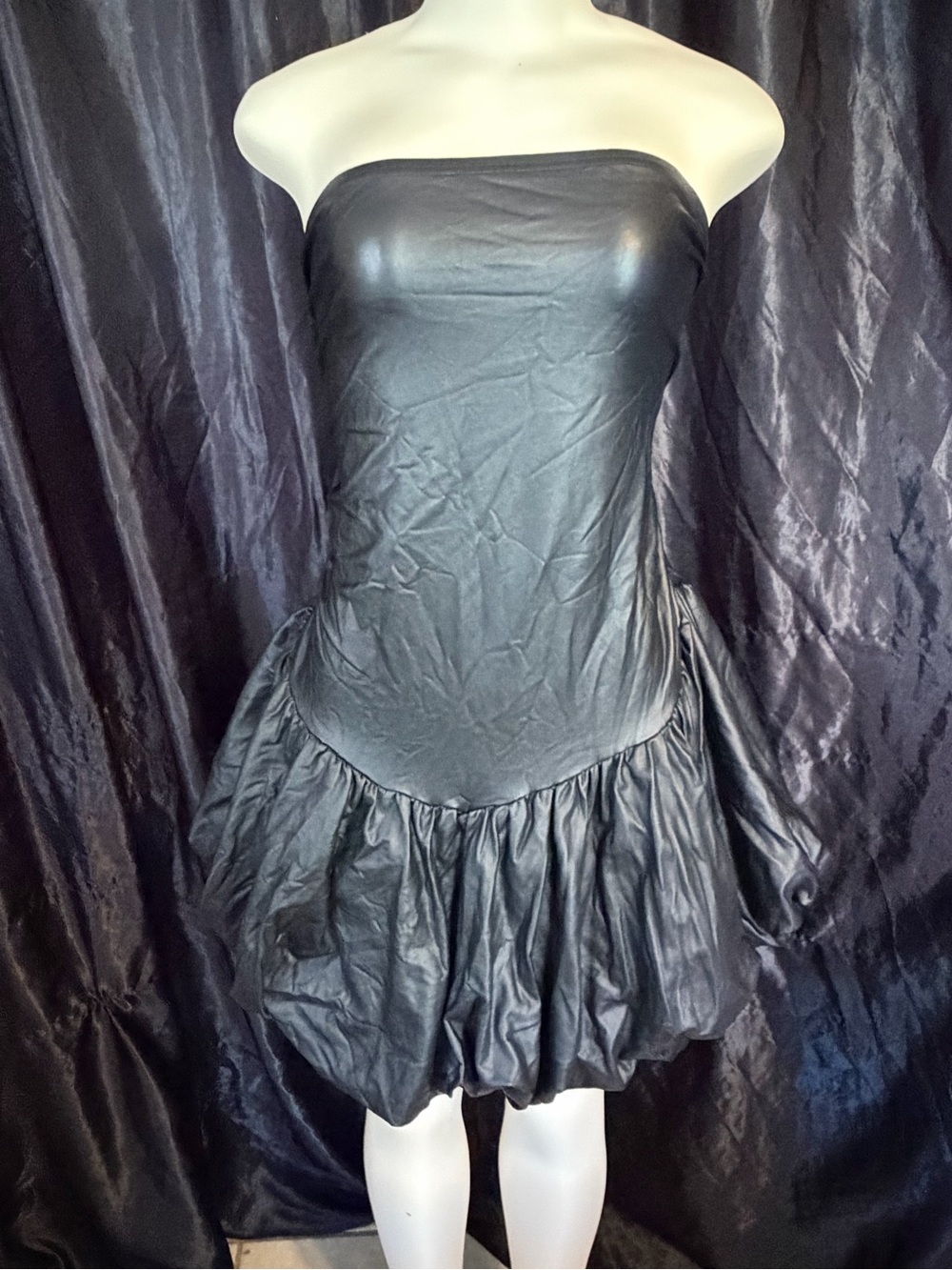 SHEIN Black Strapless Faux-Leather Bubble Hem Mini Dress